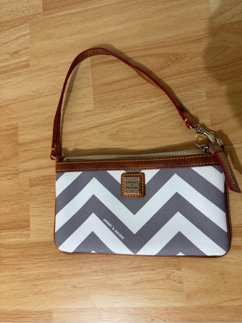 Dooney & Bourke Gray & White Chevron Wristlet with Brown Trim